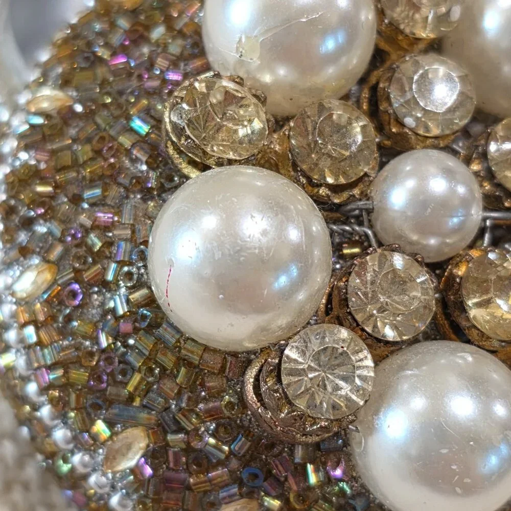 Vintage Silver Bead Pearl & Rhinestone Encrusted Metal Trinket Gift Vanity Box